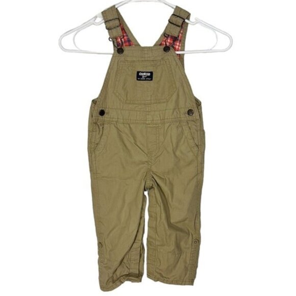 Oshkosh B'gosh Tan with Pink Plaid‎ Girls Toddlers Overalls Size 18M - Picture 1 of 11